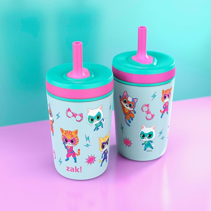 Zak Designs SuperKitties Kelso Toddler Cups For Travel or At Home, 12oz Vacuum Insulated Stainless Steel Sippy Cup With Leak-Proof Design is Perfect For Kids (Ginny, Sparks, Buddy, Bitsy)