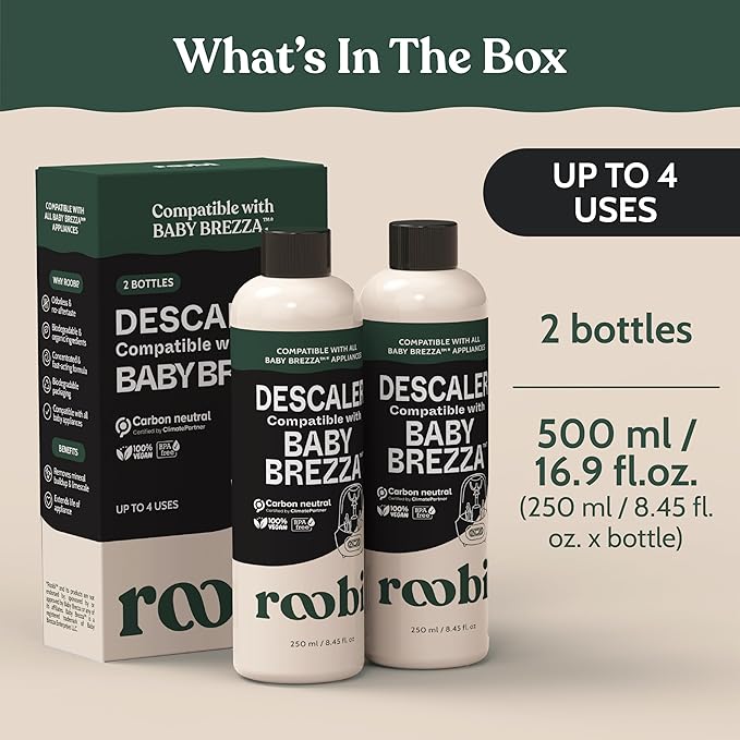 Roobi Descaling Solution Compatible with Baby Brezza. Specially Formulated to Clean & Descale Baby Appliances. Up to 2 Uses per Bottle, 2 Pack. Carbon Neutral.