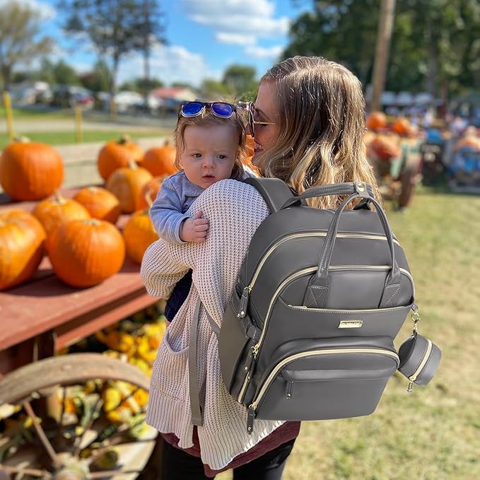RUVALINO Diaper Bag Backpack, Multifunction Travel Baby Diaper Bag with Changing Pad, Insulated Bottle Holders & Pacifier Case, Large Capacity,Waterproof, Iron Gray