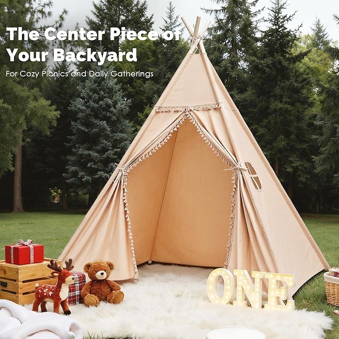 Sumbababy Large Teepee Tent for Adults & Kids, Cotton Canvas Foldable Indoor Tent for Toddlers, Sleepover Gift Toy for Girls & Boys, Washable Slumber Party Tent for Party Decor, Khaki