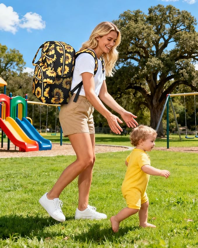 Pritent Diaper Bag Backpack,Baby Essentials Diapers Bag with Pacifier Case,Multipurpose Stylish Large Capacity Travel Backpack for Baby Girl/Boy(M-Sunflower)