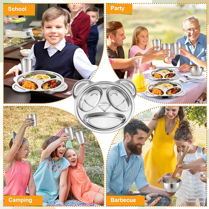 Jinei 30 Pieces Kids Stainless Steel Utensils Set Include Panda Shaped Plates, Bowls, Cups, Spoons, and Forks, Stainless Steel Dinnerware set for Kids Utensils (Panda)