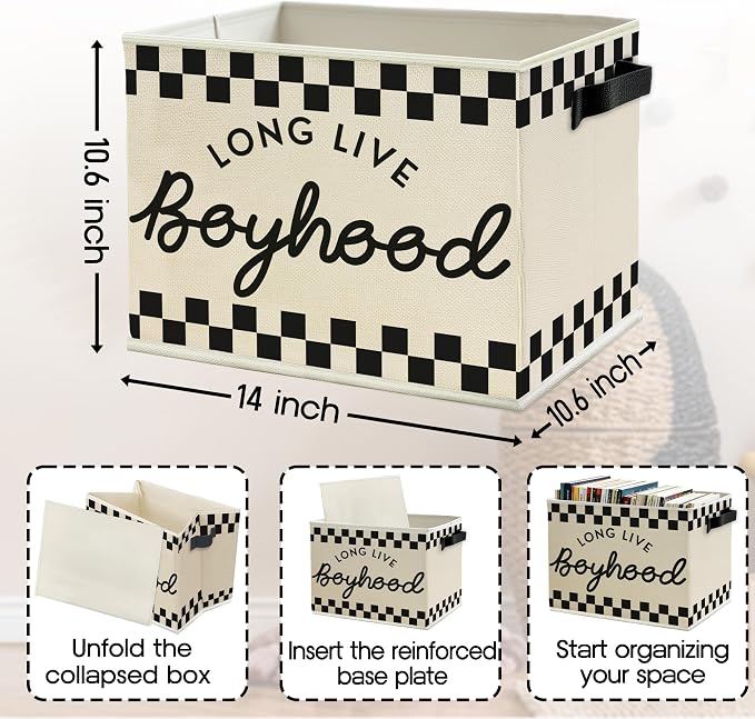 Black and White Checkered Long Live Boyhood Boys Storage Bins Box with Handles, Collapsible Basket Organizer for Kids Teen Boy Nursery Room Bedroom Bathroom Playroom Toys Books Clothes