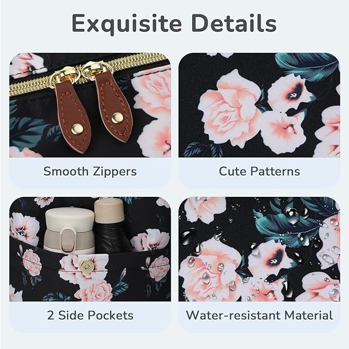 Tenot Diaper Bag Tote with Pacifier Case, Baby Bag for Women with Shoulder Straps, Travel Diaper Tote for for Mom and Dad Black Pink Floral