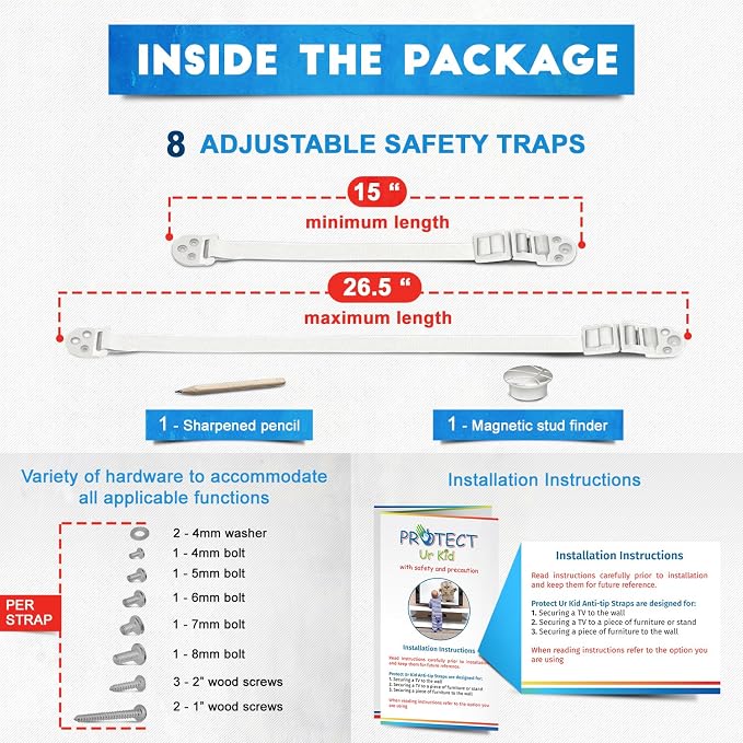 Anti Tip Furniture Anchor & TV Straps w/Ultra-Strong Mounting Hardware & Safety Stud Finder Locks-in Heavy Objects for Instant Earthquake, Child & Baby Proofing (White, 8 Straps + Stud Finder)