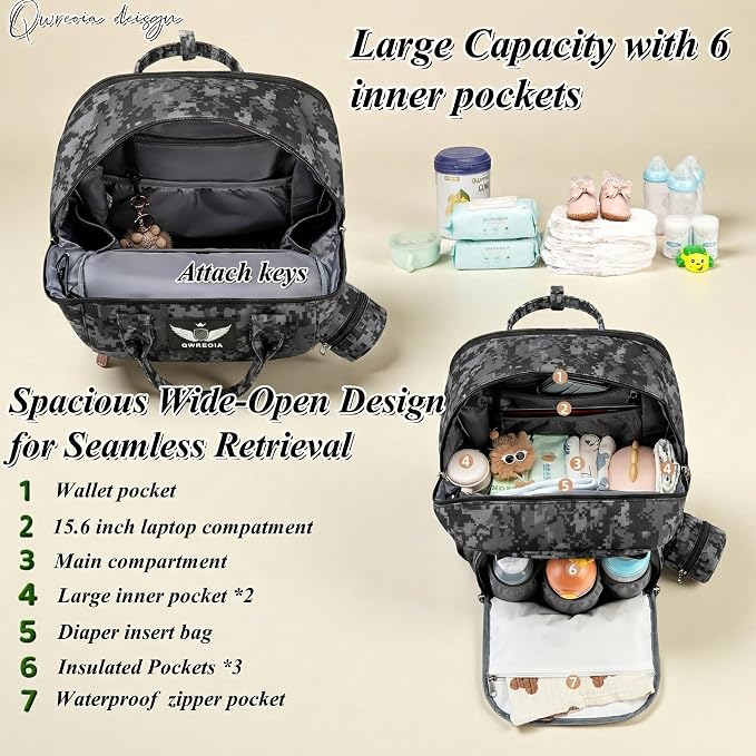 Expandable Baby Diaper Backpack - Large Capacity, Insulated Bottle Pockets, Stroller Straps, Laptop Sleeve & Pad(Multicolor)