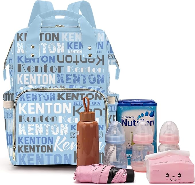 Personalized Diaper Bag Backpack for Baby Boy with Name, Light Blue Custom Nappy Nursing Bag for Moms Dads, Nylon, Customized Gift, Large Capacity, Waterproof, Multifunctional
