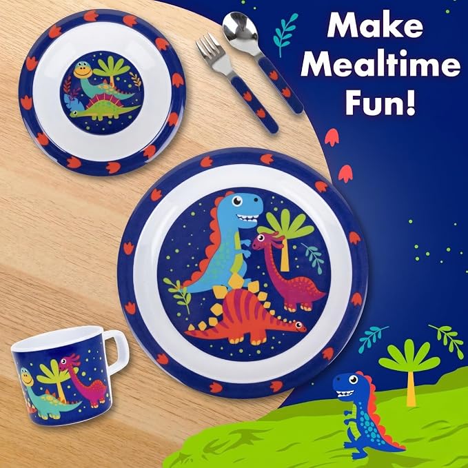 Bentology 5 Pc Mealtime Set for Kids - Dinosaur Theme - Includes Raised Edge Plate & Bowl, Cup, Fork & Spoon- Dishwasher Safe, BPA Free- Cute Durable Dish, Easy Self-Feeding- Gift for Toddlers