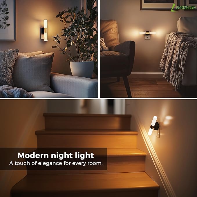 L LOHAS LED Night Light, 2 Pack Night Lights Plug into Wall, 3000K Soft White, 0-100LM Adjustable Brightness, 180° Rotating Plug in Night Light with Auto Light Sensor (Matte White)