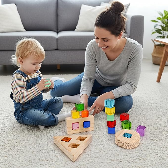 Woodtoe Large Rainbow Building Blocks for Toddlers 1-3, 16 PCS Jumbo Gem Blocks & 3 Wooden Shapes, Montessori Toys for 1 2 3 Year Old Boy Girl, Acrylic Stacking Toy Set, 1 2 Year Old Birthday Gifts