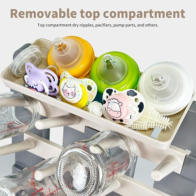 Baby Bottle Drying Rack, Vertical Standing Bottle Dryer Rack Holder-Space Saving Baby Bottle Drying Rack for Countertop-Holds Up to 12 Baby Bottles & Cup(Gray & Khaki)