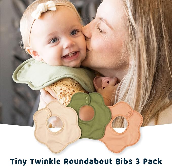 Tiny Twinkle Roundabout Drool Bibs 3 Pack - 360 Rotating Water Resistant and Absorbent Teething Baby Bibs