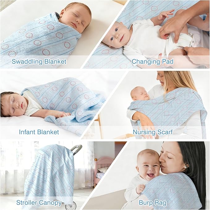 Muslin Swaddle Blankets for Newborn, Large 47"x47" Soft Breathable Bamboo Cotton Baby Blanket, Lightweight Receiving Blanket for Boys and Girls, Ice Action