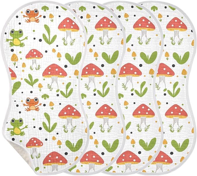 vvfelixl Baby Burp Cloths Frog Mushroom Cartoon Baby Newborn Cotton Burping Cloths Set Baby Washcloths 4 Pack
