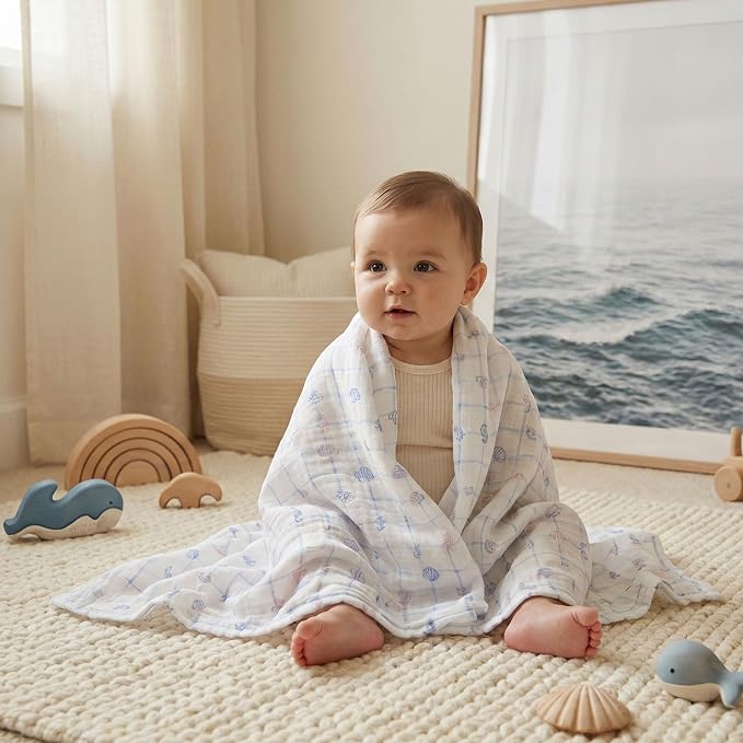 GLLQUEN BABY Muslin Swaddle Blankets 4-Pack Breathable Receiving Blankets (35" x 40") Soft Baby Blankets for Girls and Boys Newborn Essentials Muslin Burp Cloths Swaddle Wrap Baby Gift(Ocean Whimsy)