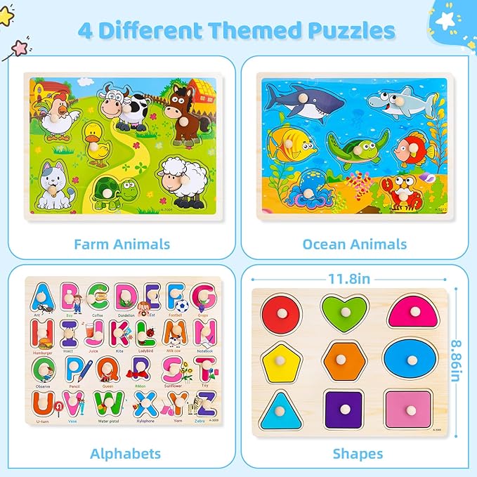 Wooden Peg Puzzles for Toddlers 2 3 4 Year Old, 4 Pack Montessori Toys Preschool Learning Puzzles for Toddlers 1-3 with Animals, Shapes, Alphabet, Wooden Toddler Toys Gifts for Kids Boys Girls