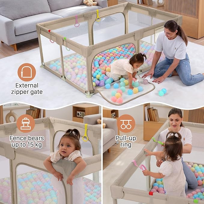 Dripex Large Baby Playpen 71"x47", Big Play Pens for Babies and Toddlers- Indoor & Outdoor Kids Safe Play Area, Soft Breathable Visible Mesh, Anti-Fall & Anti-Slip Design Baby Fence, Khaki