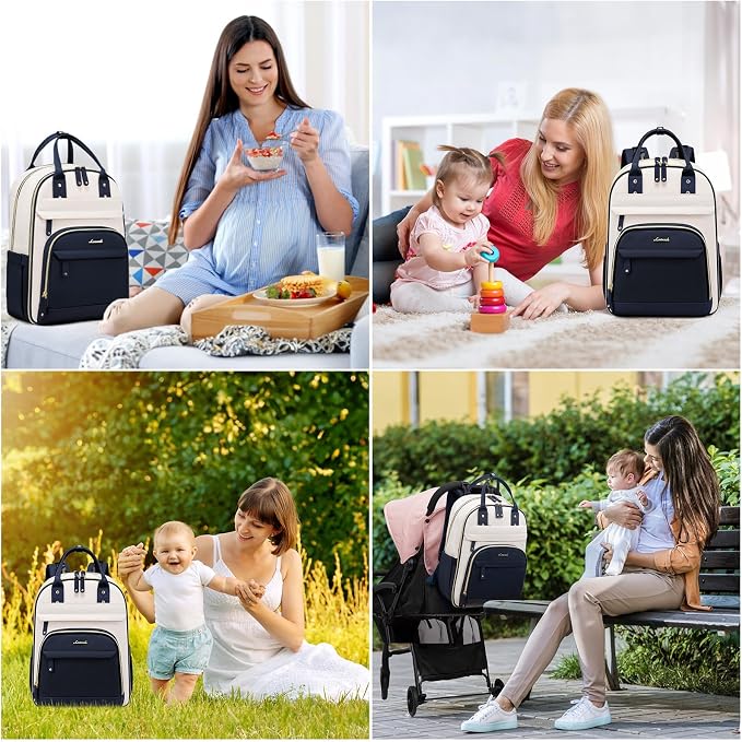 LOVEVOOK Diaper Bag Backpack, Baby Bag with Changing Pad, Large Diaper Backpack Boy Girl, Waterproof Baby Registry Bag for Mom Dad with Stroller Buckles, Dark Blue-beige