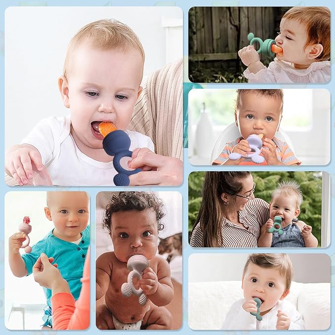 Baby Fruit Feeder, Frozen Teething Toys for Babies, Teether Pacifier with 3 Extra Teats, Eating Essentials, BPA Free Baby Feeding Supplies (Lavender)