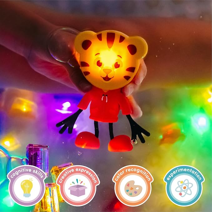 Glo Pals Water Daniel Tiger Activated Light-Up Sensory Bath Toy Character and Vibrant Cubes for Bathtime and Sensory Play, Pack of 6