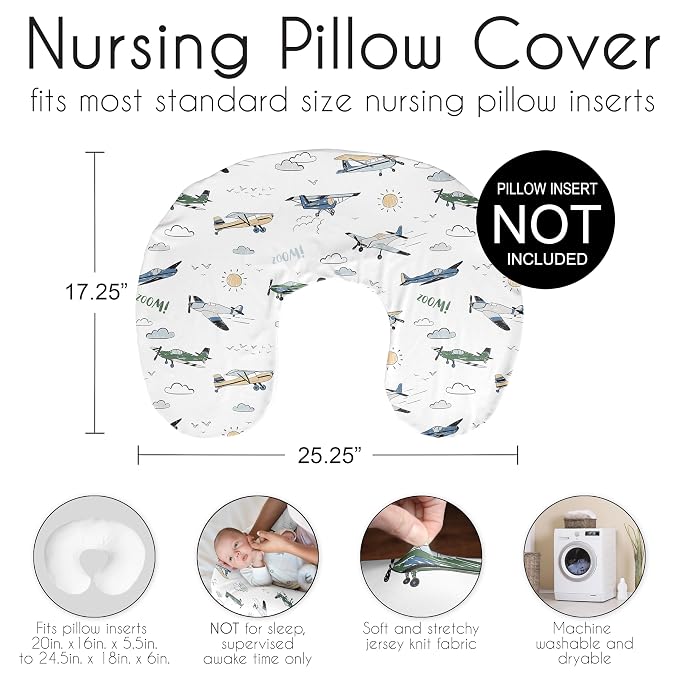 Sweet Jojo Designs Green Vintage Airplane Boy Nursing Pillow Cover, Baby Breastfeeding Slipcover for Infant, Newborn, Nursery, Bottle or Breast Feeding Pillowcase (Pillow NOT Included) Transportation