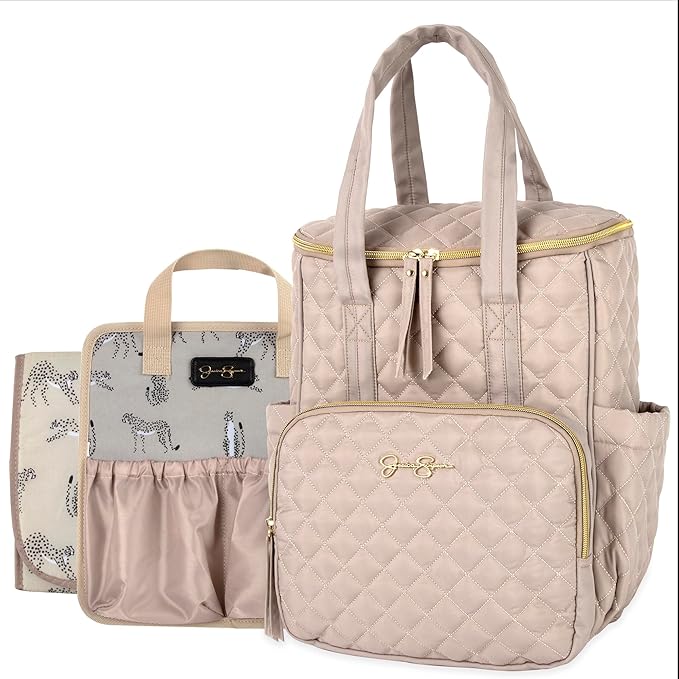 Jessica Simpson Quilted Diaper Bag Backpack with Insulated Pockets, Portable Changing Pad, Stroller Straps, Organizer Insert 3 Pc. Set (Khaki)