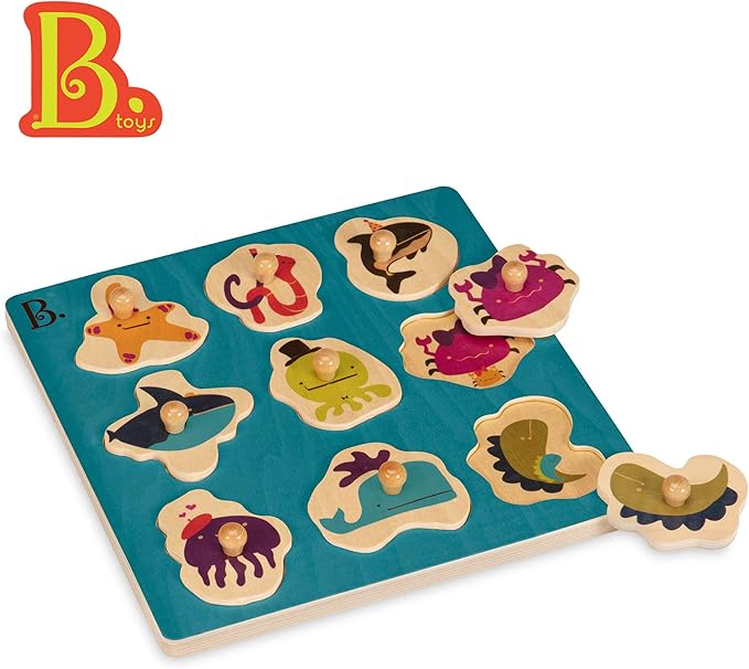B. toys - Hide n' Sea - Wooden Peg Puzzle - Educational Puzzle - 9 Sea Animal-Pieces - Wooden Toy for Toddlers, Kids - 18 Months +
