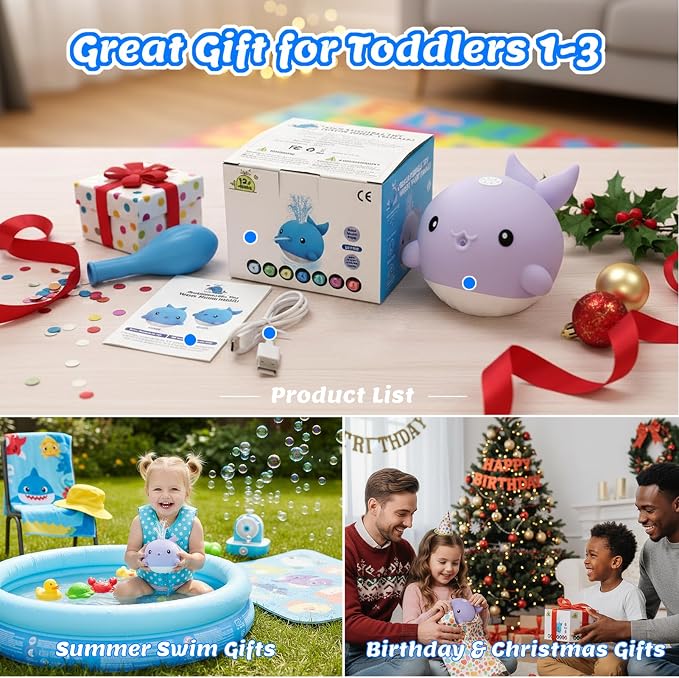 Baby Bath Toys, Rechargeable Bath Toys for Kids Ages 1-3 & 6-12 Months with 3 Hours Non-Stop Fun, Dual Sprinkler, 3 Modes Light Up, Toddler Birthday/Christmas Water Table BathTubs Pool Toys,Purple