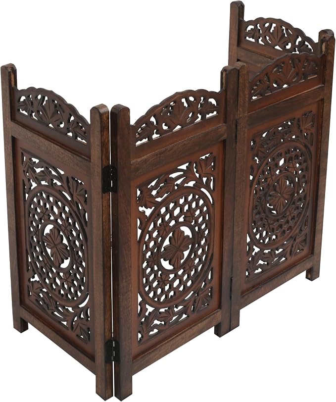 Pet Gate Indoor Foldable in Raise Wood-4 Panel Dog Safety Gate, 56" W x 28" H, Hand-Carved Solid Wood & MDF,Free Standing Portable Indoor Gate for Doorways,Halls, Stairs-Fully Assembled,Burnt