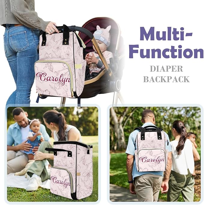 Custom Diaper Bag with Name Personalized Multifunctional Mommy Backpack for Shoulders Outdoor Backpack for Newborn Baby Thermal Pockets Nursing Bags (Flower)