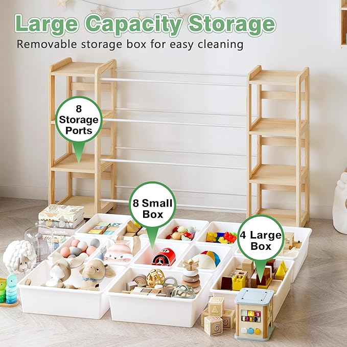 MallBest Extra Wide Toy Storage Organizer with 12 Bins and Dual Bookshelves ??Solid Pine Wood Kids Toy Shelf and Bookcase for Bedroom, Nursery, or Montessori Playroom, (Natural)