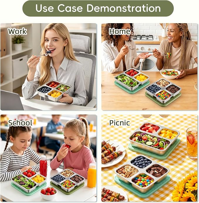 Tanjiae Stainless Steel Snack Box for Kids & Toddlers, 20oz Multi-Compartment Leak Proof Small Food Containers with Silicone Lids - Reusable Metal Bento Box for Daycare, School, Travel, Camping