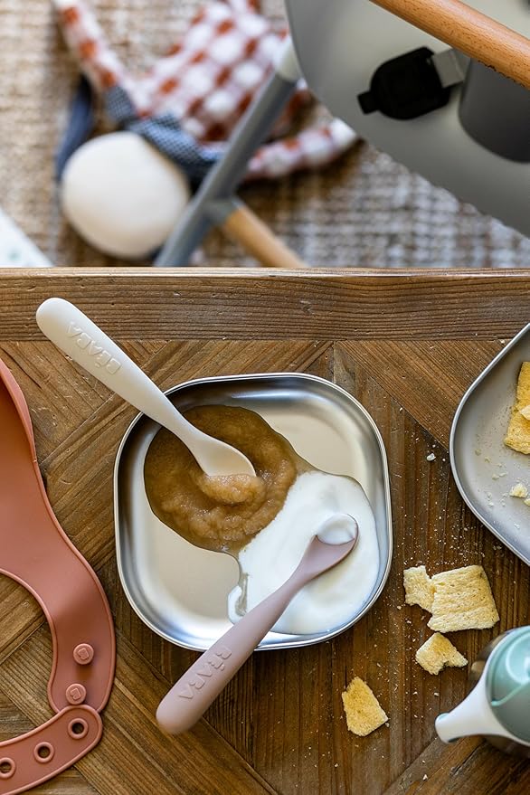 BEABA Baby's First Foods Spoon Set with Travel Case, Original Soft Silicone Baby Spoons, Baby Essentials, Travel Set, Clay
