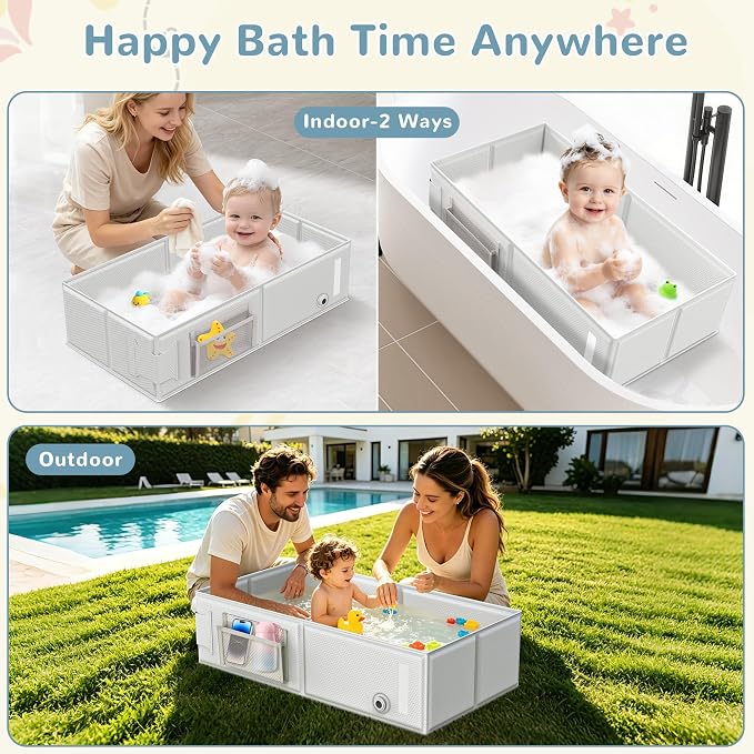 Collapsible Baby Bathtub, Foldable Toddler Bath Tub with Chick Pattern Bath Rinse Cup, No Assembly Portable Travel Bathtub for 6M-5Y, Ideal for Shower, Travel Essentials & Baby Registry Gift