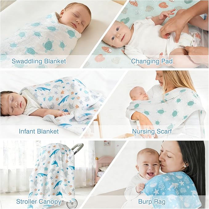 Muslin Swaddle Blankets for Newborn, 4 Pack Large 47"x47" Soft Breathable Bamboo Cotton Baby Blanket, Lightweight Receiving Blanket for Boys and Girls, Ocean Friends