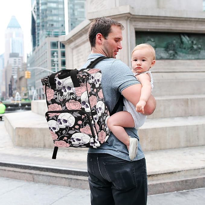 Personalized Flat Skull Peony Diaper Bag – Insulated Pockets for Mom Dad