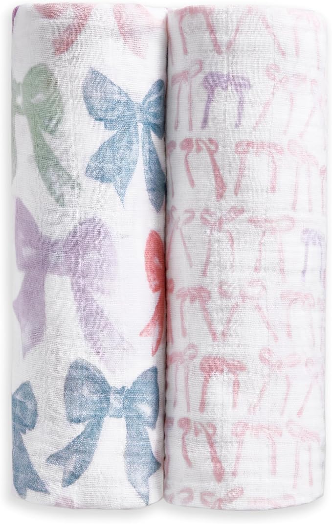 aden + anais 100% Organic Cotton Muslin Swaddles, Breathable Baby Blanket, Ideal for Boys, Girls, Newborns, Babies & Infants, Receiving Blanket, Soft and Lightweight Wrap, 2 Pack, Bow Atelier
