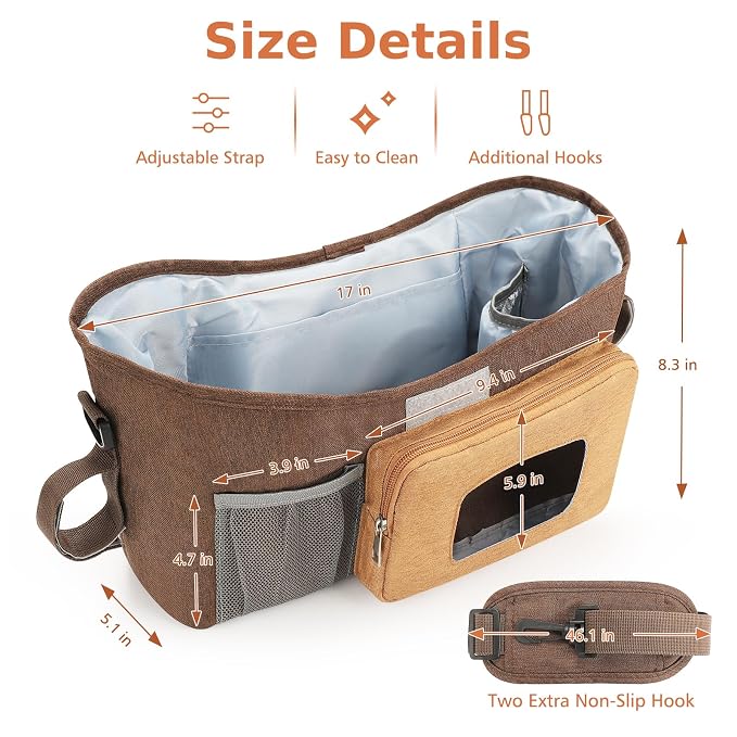 Accmor Universal Stroller Organizer with Insulated Cup Holder, Stroller Caddy Bag Accessories, Stroller Cup Holder Organizer for Uppababy Baby Jogger Britax Stroller, Brown