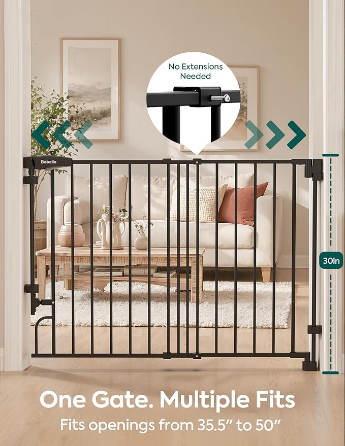 Babelio Removable & No Bottom Bar Baby Gate, 35.5-55" Hardware Mounted (Drill Needed)| Wide Walk-Thru| Auto-Close Safety Dog/Pet Gate for Stairs & Doorways (Black, 35.5-55" W, 30" H)