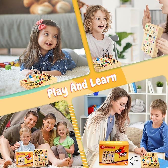 Busy Board with LED Light Switches, Montessori Toys for 1 2 3 Years Old, Toddlers Wooden Toy Sensory Activity Board, Travel Toys for 1+ Year Old Boy & Girl Birthday Gift