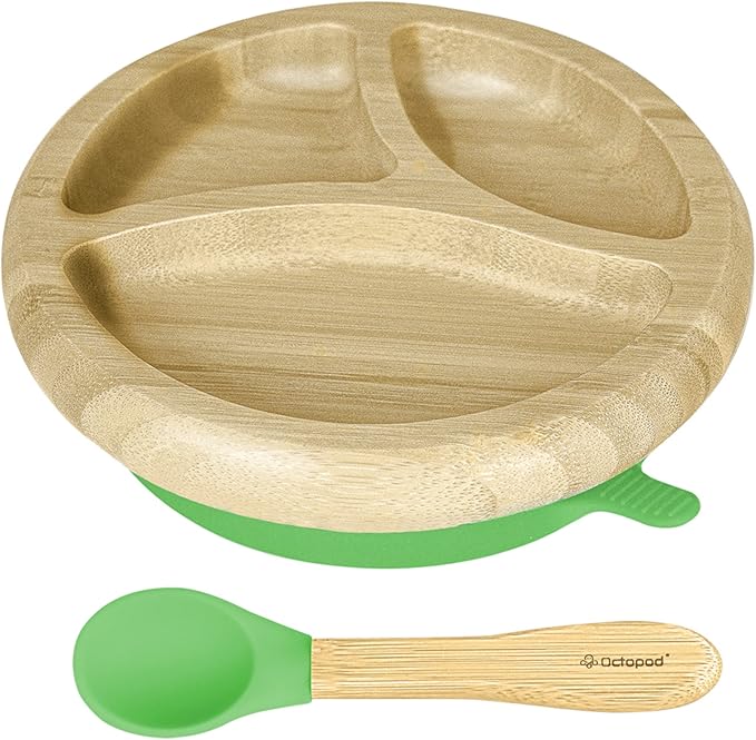 Abiie Octopod Bamboo Dish - Kids Plates for 4 months and up, 3-Compartment Baby Plates with Suction, Round Bamboo Baby Plate, Mess-Free Toddler Suction Plates, Baby Feeding Supplies, 7.5 x 7.5 x 1.9in