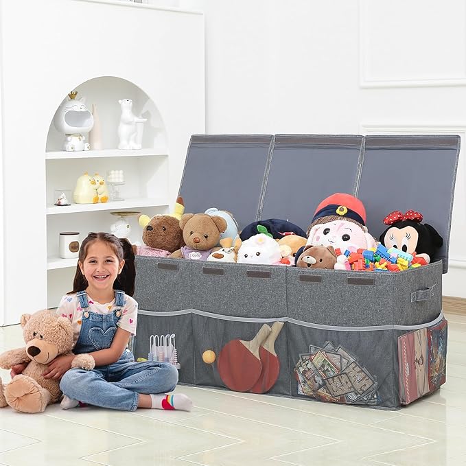 Extra Large Toy Box Chest with Mesh Pockets, Kids Toy Storage Organizer Bakest Box, Foldable Toy Organizers and Storage Bin with Lids, Toy Bin for Kids, Boys,Girls,Nursery,Playroom,Office
