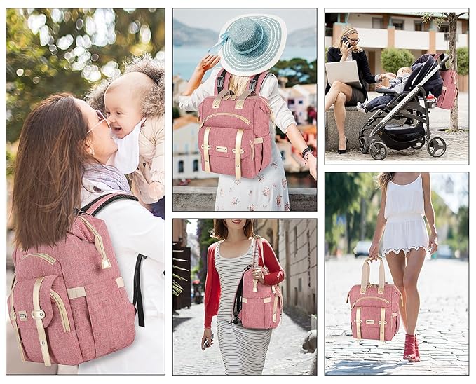 Jiefeike Diaper Bag Backpack, Pink Baby Girls Diaper Bag for Mom, Travel Baby Bags Backpack for Women, Insulated Pockets Portable toddler diaper bag, RFID Anti-Theft Pocket