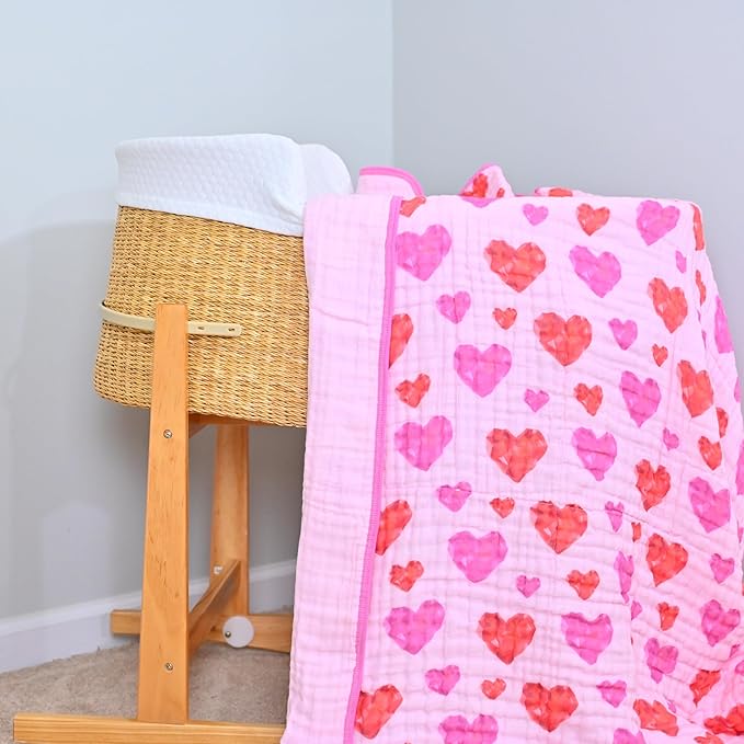 LollyBanks Baby Blanket, 100% Organic Cotton Muslin Quilt for Girls, 47 x 47 Inches Toddler Quilt, Soft and Breathable 6-Layer Newborn Blankets, Crib Bedding Essential (Gemstone Heart Print)