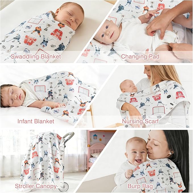 Muslin Swaddle Blankets for Newborn, Large 47"x47" Soft Breathable Bamboo Cotton Baby Blanket, Lightweight Receiving Blanket for Boys and Girls, Hockey Match