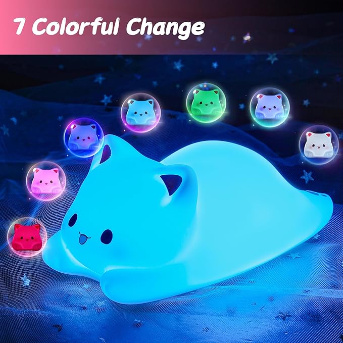LOVERUIS Cute Night Light for Kids Cat Night-Light Baby Girl Squishy NightLight 1/3 Hour Timer Kitty Light Baby Dimmable Nursery Lamp Colorful Nightlight Gift for Kid Toddler Kawaii Bedroom (Kiki)