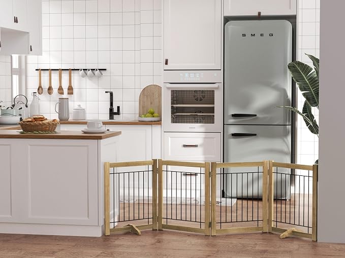 Acovy Wire Dog Gate Solid Wood Frame, Anti-Chewing, 4-Panel, 24" Height, 80" Width, Indoor Freestanding Pet Gate Foldable Wooden Dog Fences for Stairs, House, Doorway, Oak Color