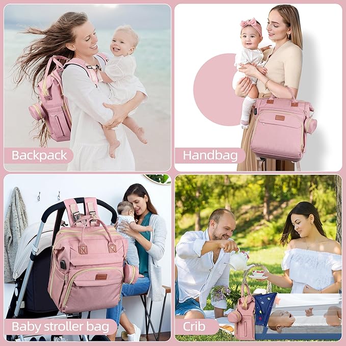 ZRSUN Diaper Bag Backpack with Portable Station & USB Port, Large Capacity Travel Baby Bag with Changing Pad, Waterproof Multi-Function Maternity Backpack for Mom & Dad (Pink)