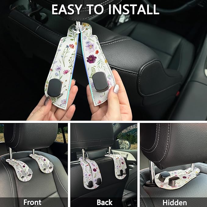 Blusabaca 2PCS Car Seat Back Storage Headrest Hooks, Flowers Floral Purse Holder Bags Hanger, PU Leather Double Metal Hook for Backseat Organizer, Women Car Accessories Organization