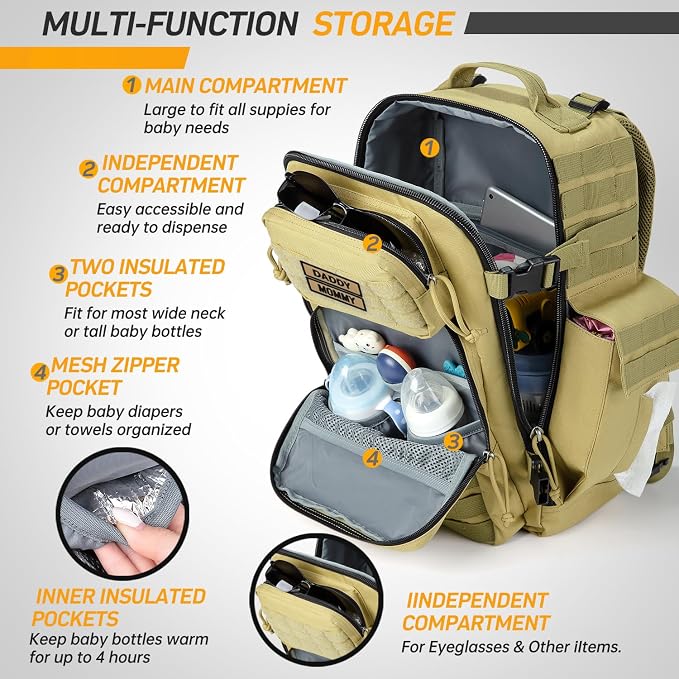 SHARKMOUTH Military Diaper Bag for Dad - Insulated Baby Diaper Backpack with Patches for Hiking Travel Camping - Baby Shower Gifts Tan